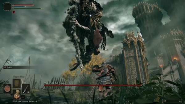 In-game action shot of Margit mid-leap, about to pummel the player character