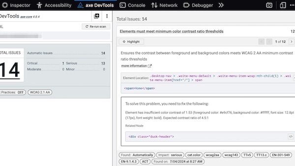 Screenshot of Deque's axe browser extension in action