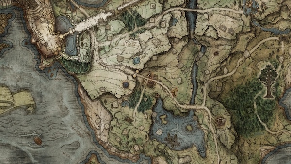 Fantasy, hand-drawn, map of Limgrave, the first area of Elden Ring