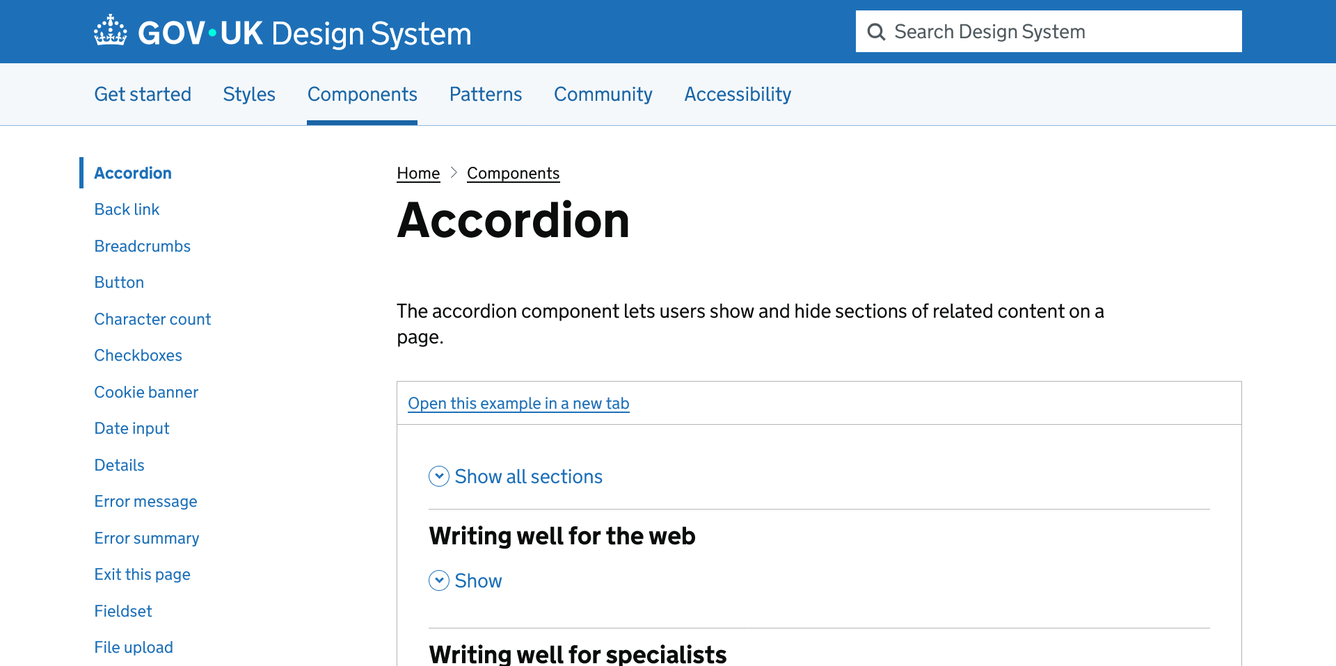 Screenshot of the gov.uk design system, showing components list and navigation